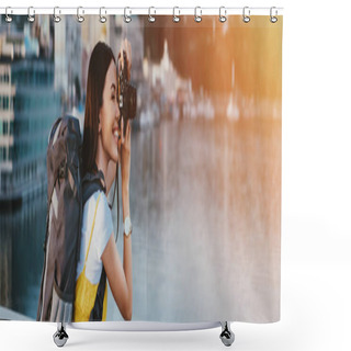 Personality  Side View Of Asian Woman With Backpack Taking Photo  Shower Curtains