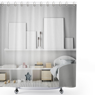 Personality  Mock Up Poster Frames In Children Bedroom, Scandinavian Style Interior Background, 3D Render, 3D Illustration Shower Curtains