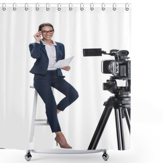 Personality  Newscaster Sitting In Front Of Camera Shower Curtains