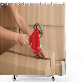 Personality  Woman Packing Carton Box Indoors, Closeup. Moving Day Shower Curtains