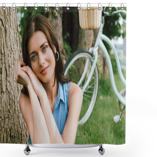 Personality  Selective Focus Of Attractive Woman Looking At Camera Near Bicycle And Tree Trunk Shower Curtains