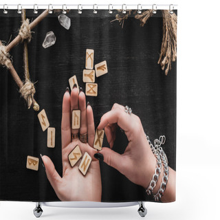 Personality  Top View Of Woman Holding Runes In Hands Near Crystals On Black  Shower Curtains