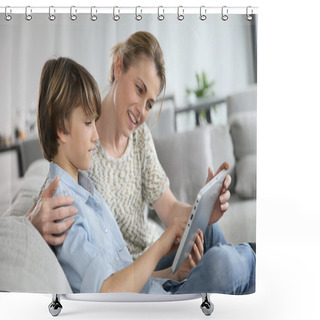 Personality  Mother And Son Playing With Tablet Shower Curtains