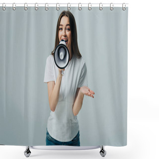 Personality  Young Pretty Woman Speaking In Megaphone Isolated On Grey Shower Curtains