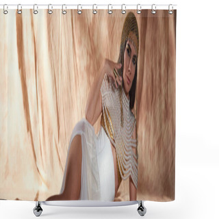 Personality  Stylish Woman In Pearl Top And Egyptian Costume Lying On Abstract Background, Banner Shower Curtains
