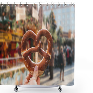 Personality  The Girl Is Holding A Traditional German Pretzel In Her Hand. Shower Curtains