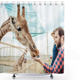 Personality  Family Feeding Giraffe In Zoo Shower Curtains