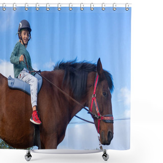 Personality  Child Learning Horseback Riding On A Farm Shower Curtains