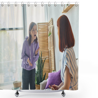 Personality  Irritated Teenage Girl Screaming And Quarreling With Mother Sitting In Living Room, Family Trouble Shower Curtains
