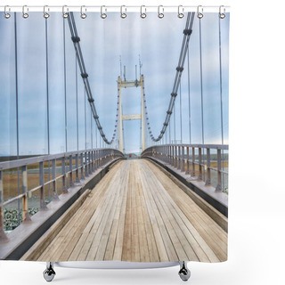 Personality  Bridge With Wooden Pavement Against Cloudy Sky Shower Curtains