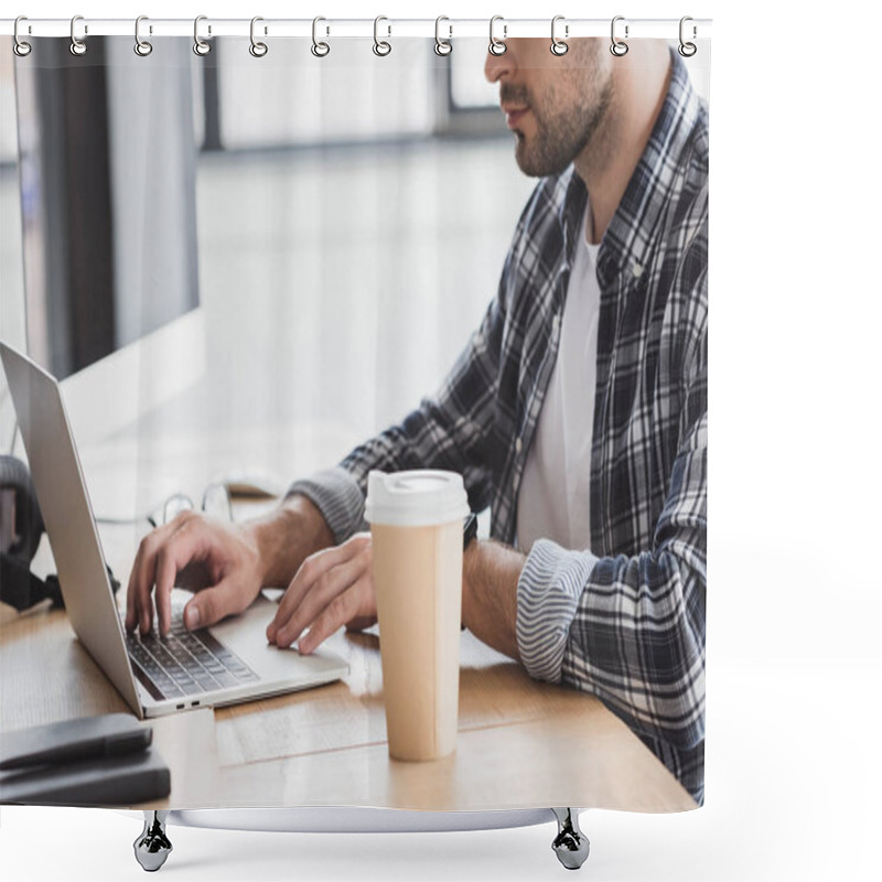 Personality  Cropped Shot Of Young Man Using Laptop At Workplace  Shower Curtains