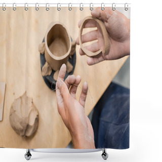 Personality  Top View Of Man Holding Fishing Line And Clay In Pottery Studio  Shower Curtains