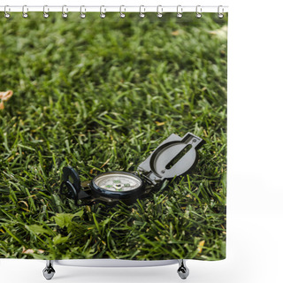 Personality  Selective Focus Of Black And Vintage Compass On Green Grass  Shower Curtains