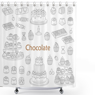 Personality  Chocolate Dessert Collection, With Chocolate Cakes, Chocolate Bars, Sweet Candies And Cupcakes, Vector Illustration. Shower Curtains