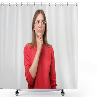 Personality  Doubtful Woman Looking With Disbelief Expression Aside. Young Emotional Woman Suspect Her Husband Or Boyfriend In Cheating. Shower Curtains
