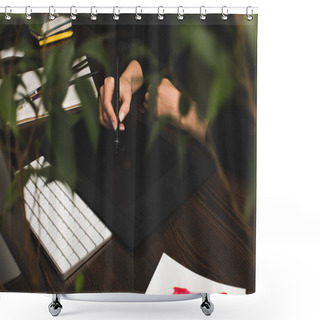 Personality  Cropped Shot Of Designer Using Graphics Tablet At Workplace   Shower Curtains