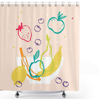 Personality  Fruits In A Bowl Vector Illustration. Bright Background With Fresh Summer Fruits. Shower Curtains