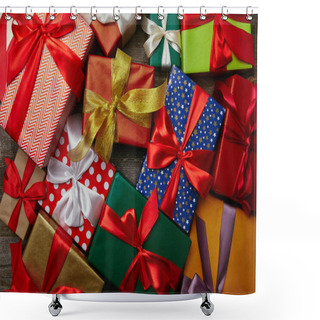 Personality  Flat Lay With Christmas Presents Wrapped In Different Wrapping Papers With Ribbons On Wooden Surface Shower Curtains