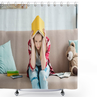 Personality  Depressed Teen Student Girl With Book On Head Sitting On Couch At Home Shower Curtains