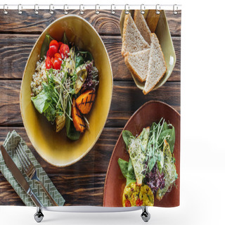 Personality  Flat Lay With Vegetarian Salads Served In Bowls, Pieces Of Bread And Cutlery On Wooden Tabletop Shower Curtains