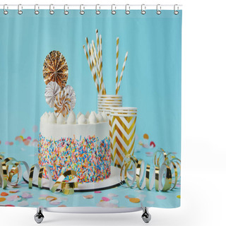 Personality  Delicious Cake, Plactic Cups And Drinking Straws On Blue Background With Confetti Shower Curtains