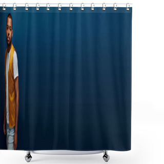 Personality  Handsome African American Man In Yellow Vest Posing On Dark Blue Backdrop, Fashion Concept, Banner Shower Curtains