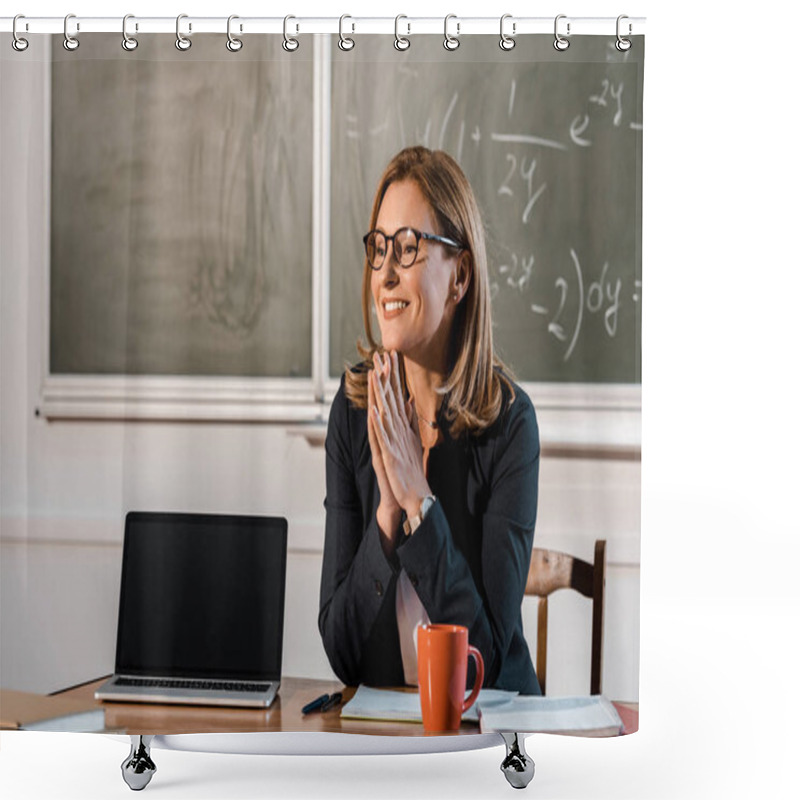 Personality  Smiling Female Teacher Sitting At Computer Desk With Blank Screen In Classroom Shower Curtains