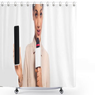 Personality  African American Journalist Speaking Into Microphone And Presenting Smartphone Isolated On White, Panoramic Shot Shower Curtains