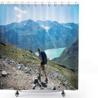 Personality  Hiker With Backpack Walking On Besseggen Ridge Over Gjende Lake In Jotunheimen National Park, Norway Shower Curtains