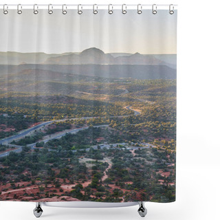 Personality  Golden Hour In Sedona, Arizona, 2016 - Breathtaking View Of Winding Road Through Rugged Landscape With Majestic Mountains In Background Shower Curtains