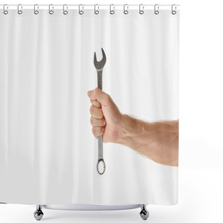 Personality  Partial View Of Man Holding Wrench Isolated On White Shower Curtains