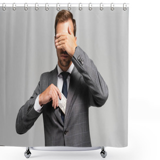 Personality  Businessman In Suit Hiding Dollar Banknotes And Obscuring Face Isolated On Grey  Shower Curtains