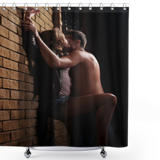 Personality  Guy Kissing His Girlfriend Against A Wall At Home Shower Curtains