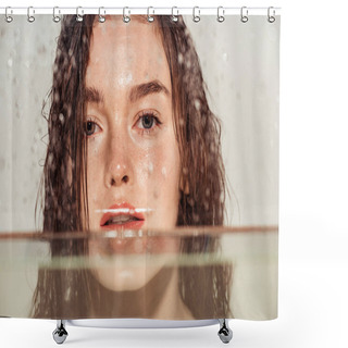 Personality  Beautiful Young Woman With Coral Lips Looking At Camera Through Glass With Water Drops Isolated On Grey Shower Curtains