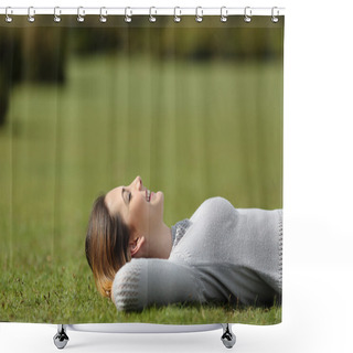 Personality  Beautiful Woman Resting On The Grass In A Park Shower Curtains