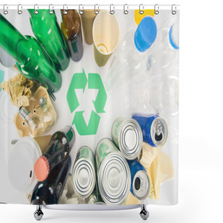 Personality  Top View Of Various Types Of Trash With Recycle Sign On White Shower Curtains