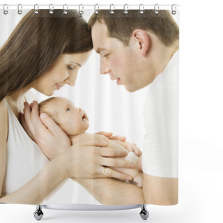 Personality  Parents And Baby. Family Mother, Father And Newborn Kid Over White Isolated Background. New Born Child Birth Love Concept Shower Curtains