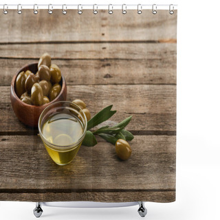 Personality  Glass Bowl Of Oil, Wooden Bowl With Olives, Olive Tree Leaves And Olives On Brown Wooden Surface Shower Curtains