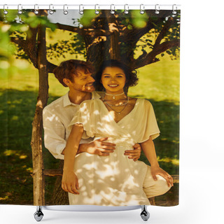 Personality  Rustic Wedding, Smiling Redhead Groom Hugging Joyful Asian Bride Under Tree On Sunny Day Shower Curtains
