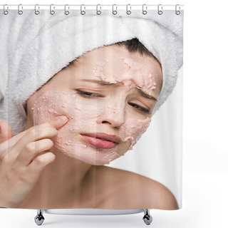 Personality  Displeased Girl With Peeling Facial Mask Touching Face Isolated On White Shower Curtains