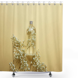Personality  Top View Of Bottle With Organic Beauty Product Near Dried White Wildflowers On Yellow Background  Shower Curtains
