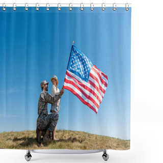 Personality  Father In Military Uniform And Happy Kid Holding American Flag Against Sky  Shower Curtains