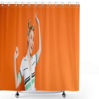 Personality  Excited And Cheerful Blonde Teenager With Hairstyle And Bold Makeup Posing In Casual Clothes And Looking At Camera While Standing Isolated On Orange, Fashionable And Trendy Clothes, Banner  Shower Curtains