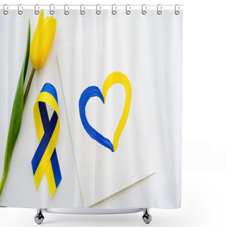 Personality  Top View Of Tulip Near Blue And Yellow Ribbon And Card With Painted Heart Sign On White Background  Shower Curtains