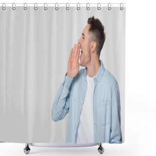Personality  Young Man Shouting At Copyspace Making Announcement Isolated On Background Shower Curtains