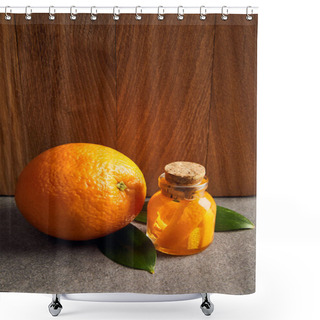 Personality  Whole Orange With Glass Bottle Of Essential Oil On Dark Surface Shower Curtains