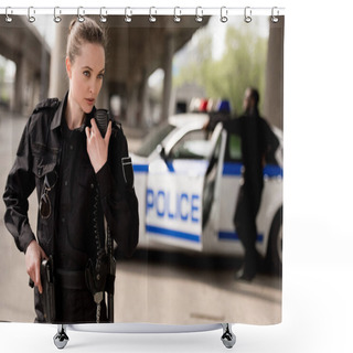 Personality  Young Attractive Policewoman Using Walkie-talkie With Blurred Partner Near Car On Background Shower Curtains