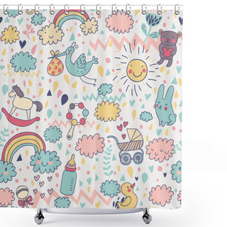 Personality  Concept Baby's Seamless Pattern. Toys, Children's Clothes, Animals In The Sky. Best Pattern For Wrapping Paper For Babies Shower Curtains