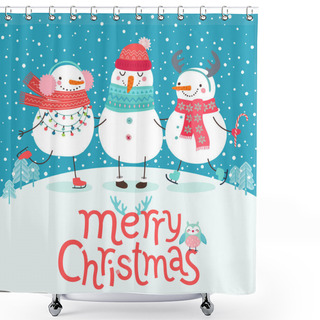 Personality  Cute Snowmen Hugging. Merry Christmas Card. Vector Illustration. Shower Curtains
