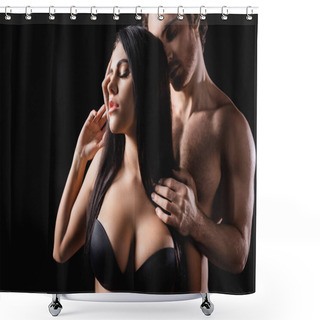 Personality  Handsome Man Touching Hair Of Passionate Girlfriend In Bra Isolated On Black  Shower Curtains